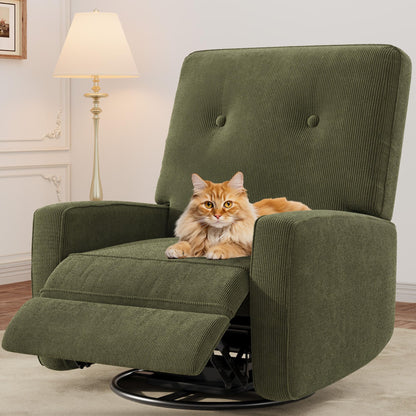Garvee Nursery Recliner Chair, 360° Swivel Rocking Glider Chair for Adults with Adjustable Backrest & Footrest, Cozy Corduroy Upholstered Armchair for Living Rooms, Bedrooms, Apartments, Green