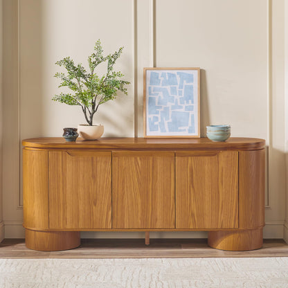 Walker Edison Maya Large Curved Modern Solid Oak Wood Veneer 70 Inch Sideboard TV Stand with Storage, Medium Brown Oak
