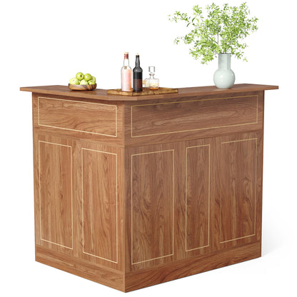 LITTLE TREE Bar Cabinet, 4-Tier Home Mini Bar Cabinet with Stemware Rack, Freestanding Wooden Storage Cabinets, Modern L-Shaped Liquor Table Cabinets for Living Room, Dining Room, Orange Brown