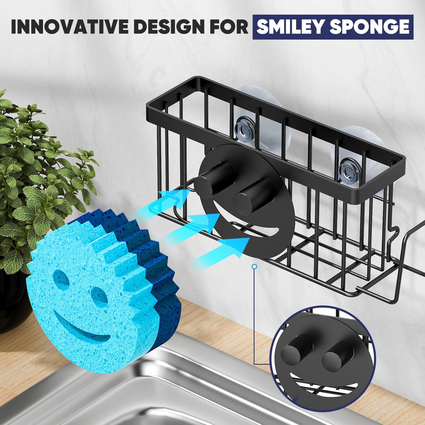 MURLONG Sponge Holder for Kitchen Sink,Sink Caddy Smiley Face,4-in-1 Sponge Holder with Suction Cups & 1 PCS Adhesive Strips for Holding Soap,Brush,Scrubber,Sponge,Stopper-Black