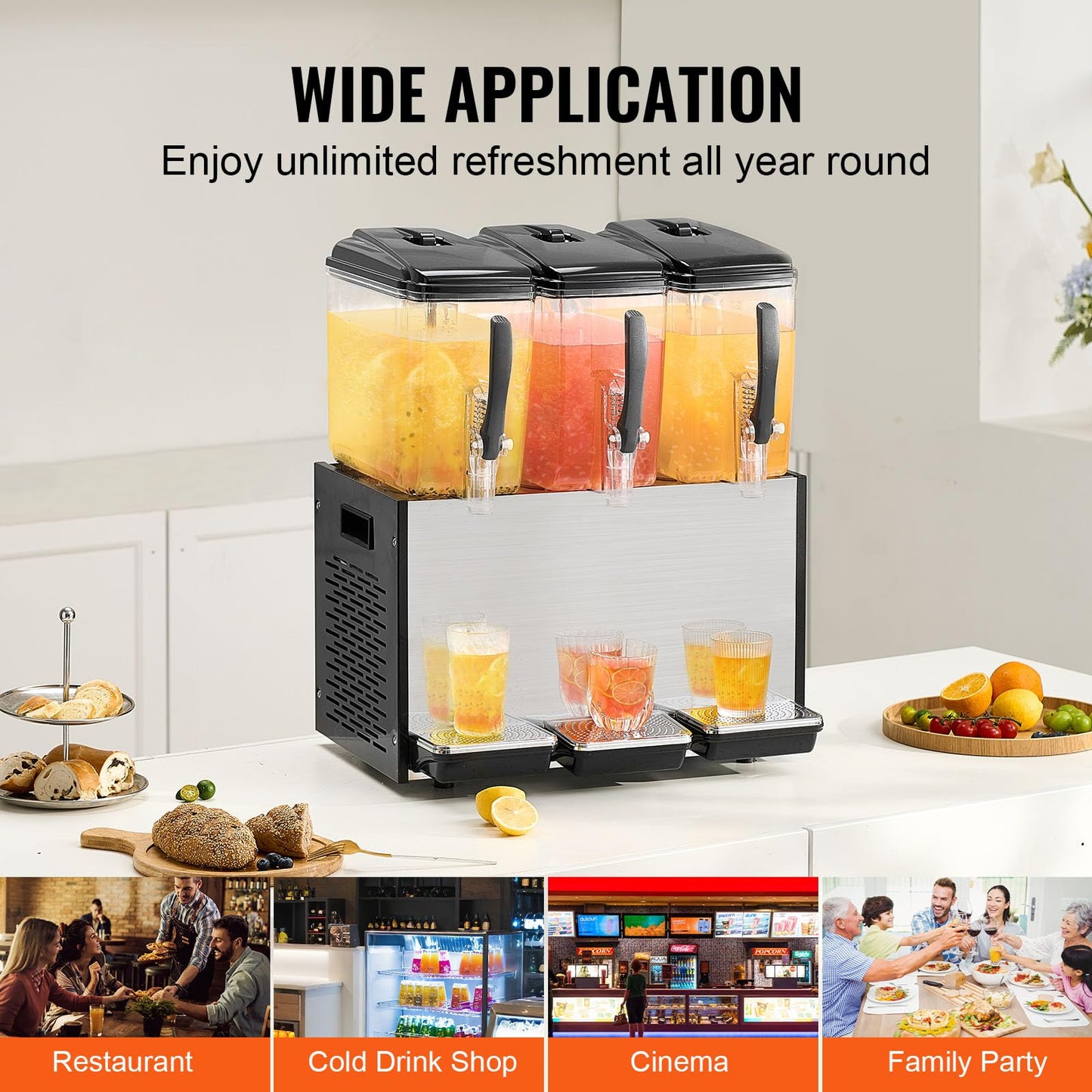 VEVOR Commercial Beverage Dispenser, 3 Tanks 12 L / 12.7 QT Per Tank Juice Dispenser, 370W Stainless Steel Ice Tea Drink Machine with 45°F-54°F Cooling Temperature, for Cold Drink Restaurant Bar Party