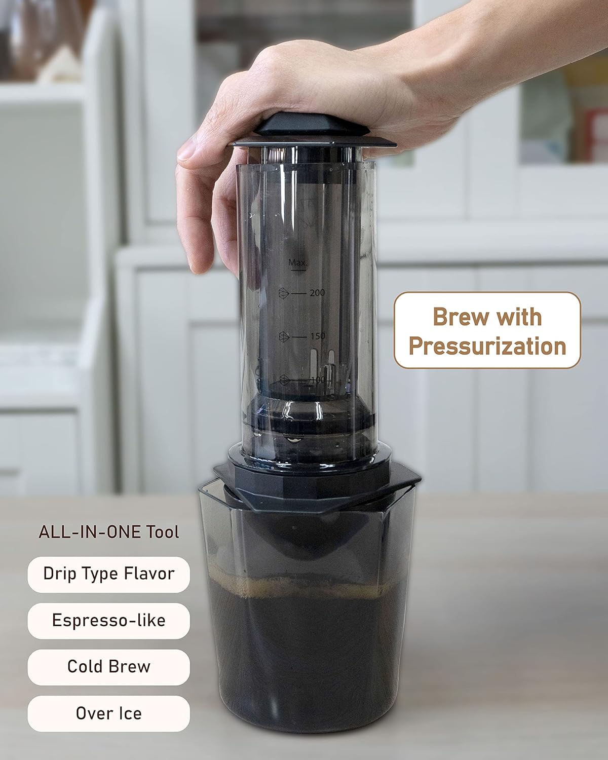COFFEEOLOGY PRESS, Portable Coffee Maker with Chamber, Plunger, Reusable Filters, Mild and Bold Settings