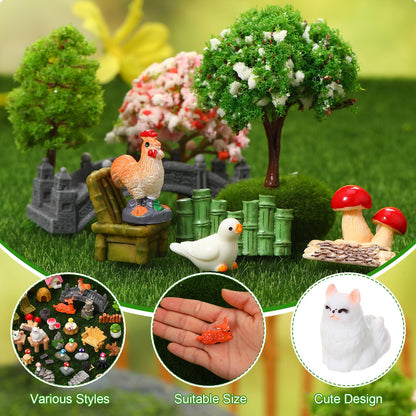 GGSTDDUP 65 Pcs Fairy Garden Accessories Mini Resin Animals Figures Miniature Table and Chairs Bridge Mushroom Pond Fence Moss Bonsai Landscape Ornaments Kit for Garden DIY Craft