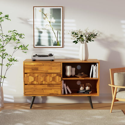 Bme Georgina 45 Inch Solid Wood TV Stand, Under 10 Minutes Assembly Entertainment Center with Storage, Geometric Pattern TV Console for Living Room, Bedroom, Dinning Room - Teak Brown