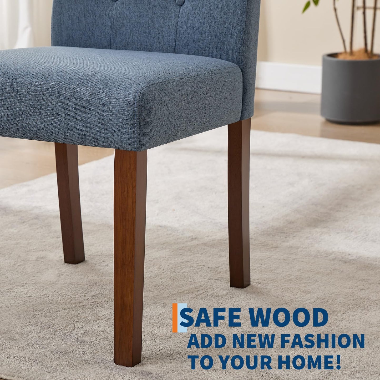 IDEALHOUSE Dining Chairs Set of 6, Linen Fabric Upholstered Parsons Chairs with Rubberwood Legs, Comfortable Padded Seat Kitchen, Dining Room Side Chairs, Living Room Blue