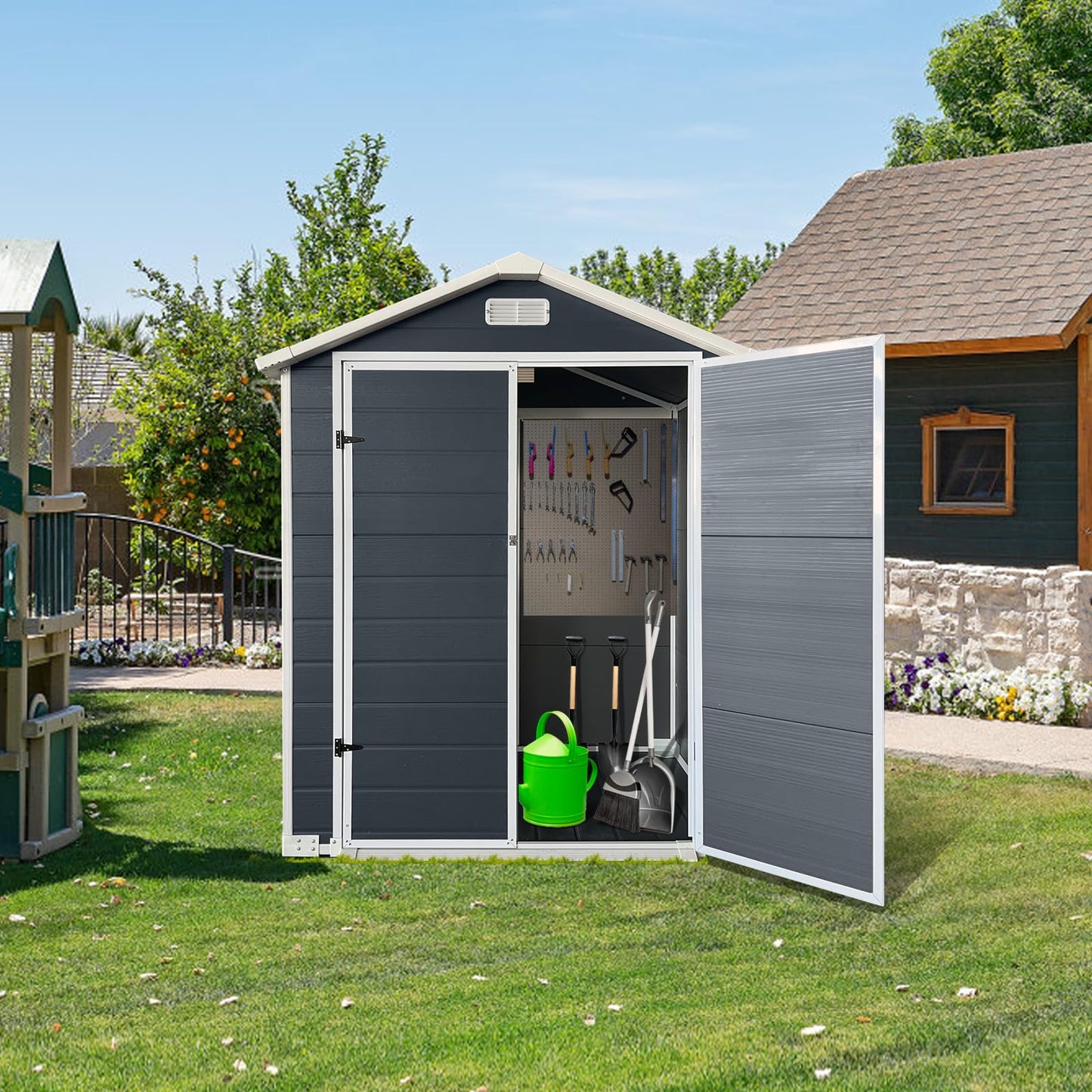 YOPTO 6x4 FT Storage Shed,Plastic Outdoor Storage Shed with Floor and Lockable Door,Waterproof Garden Shed W/Windows & Vents,Sloped Roof,Tool House for Storing Bicycles,Lawnmowers,Cold Grey
