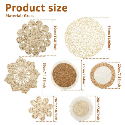7 Pcs Boho Wall Basket Decor, Rattan Wicker Boho Wall Decor, Hanging Woven Basket Wall Decor, Round Handmade Wall Art for Living Room Bedroom Display Table Settings Home Christmas Decoration (Khaki)
