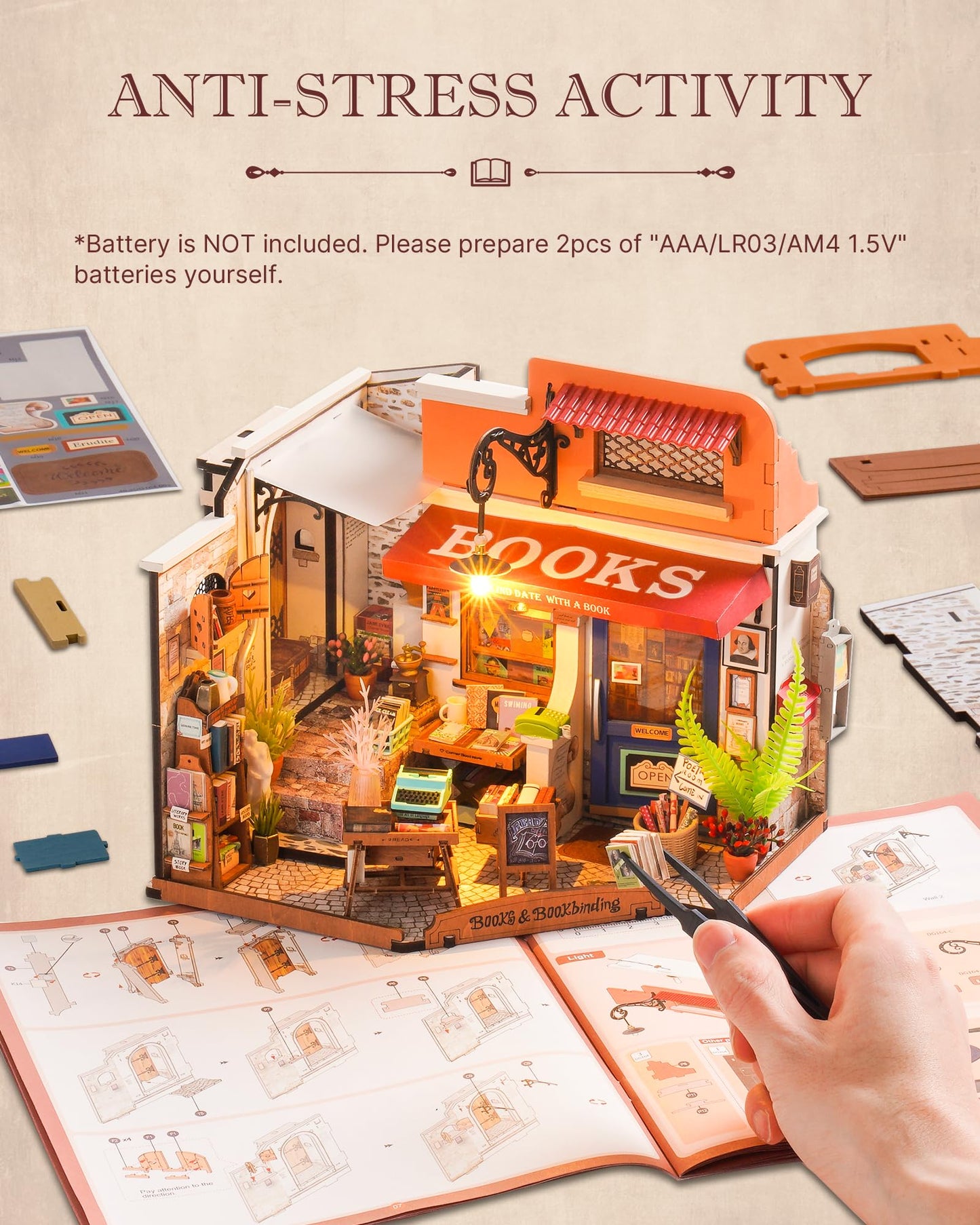 Rolife DIY Miniature House Kit 1:20 Scale Bookstore, Build Mini House Building Kit with LED Lights Craft Kits for Aduls Gifts for Him Her