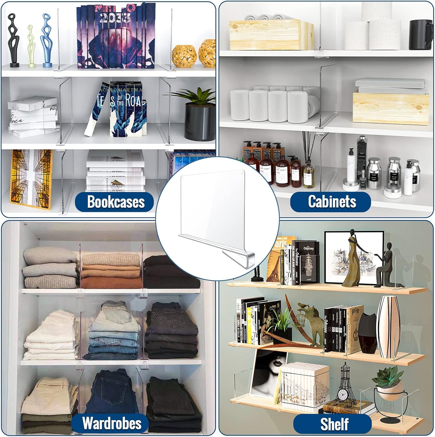 BAUMFEUER 6 Pack Closet Clear Acrylic Shelf Dividers for Shelf Organizer of Bedroom Kitchen Office Bathroom Organizer