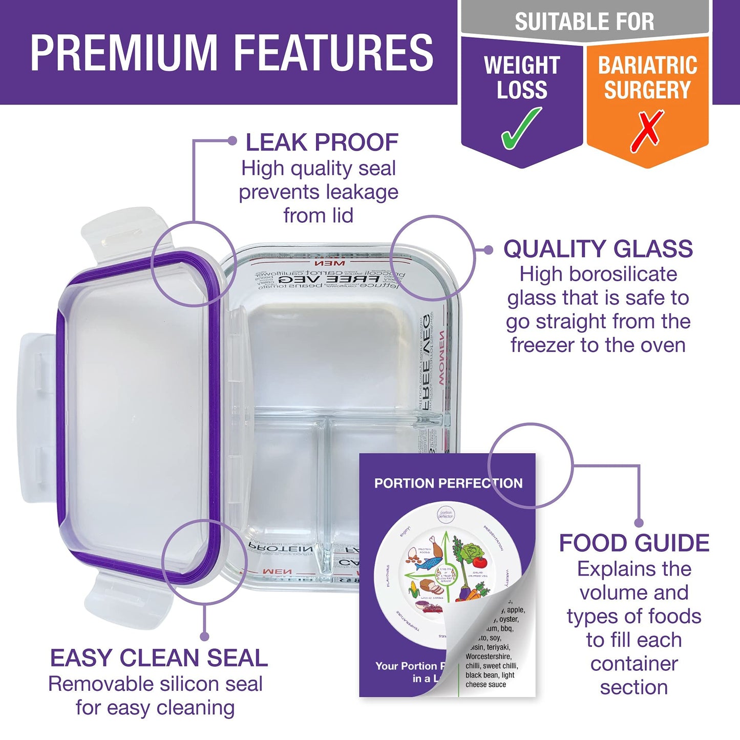 Portion Perfection Portion Control Containers - Glass Oven Ready, Freezer Safe Meal Prep Containers Reusable for Food 3pk, 3 Compartment with Lids, Practical Weight Control Products