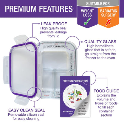Portion Perfection Portion Control Containers - Glass Oven Ready, Freezer Safe Meal Prep Containers Reusable for Food 3pk, 3 Compartment with Lids, Practical Weight Control Products