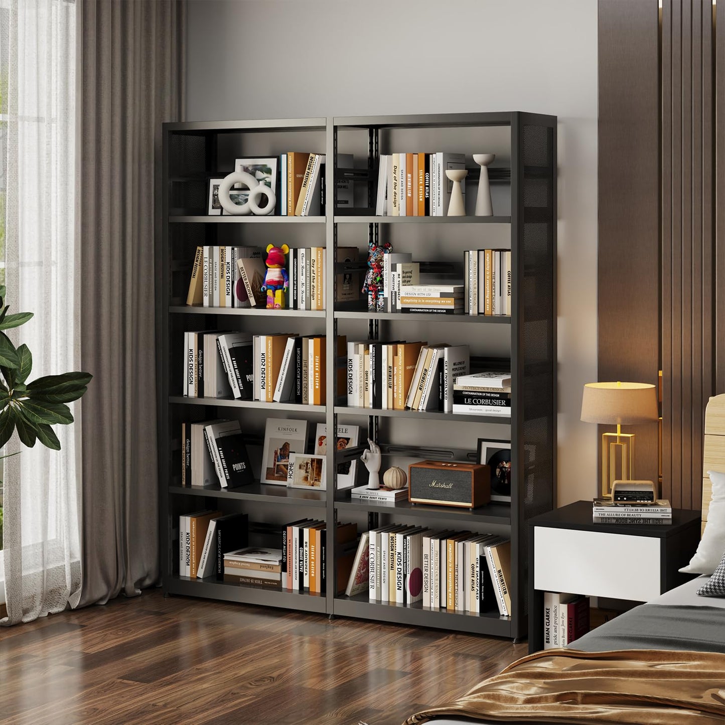 SteeLoong 5 Tier Bookshelf,Metal Storage Shelves Black Bookcase with 4 Adjustable Shelves,Shelving Unit Shelf Organizer,Tall Bookshelf Shelves for Living Room,Office（1 Main Shelf +1 Subframe Shelf）