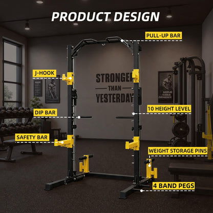 Fitvids Smith Machine Power Cage, 2000lb Multi-Function Squat Rack with Weight Plate Storage, J Hooks, T-Bar Row Platform & Multiple Grip Handles for Home Gym Strength Training