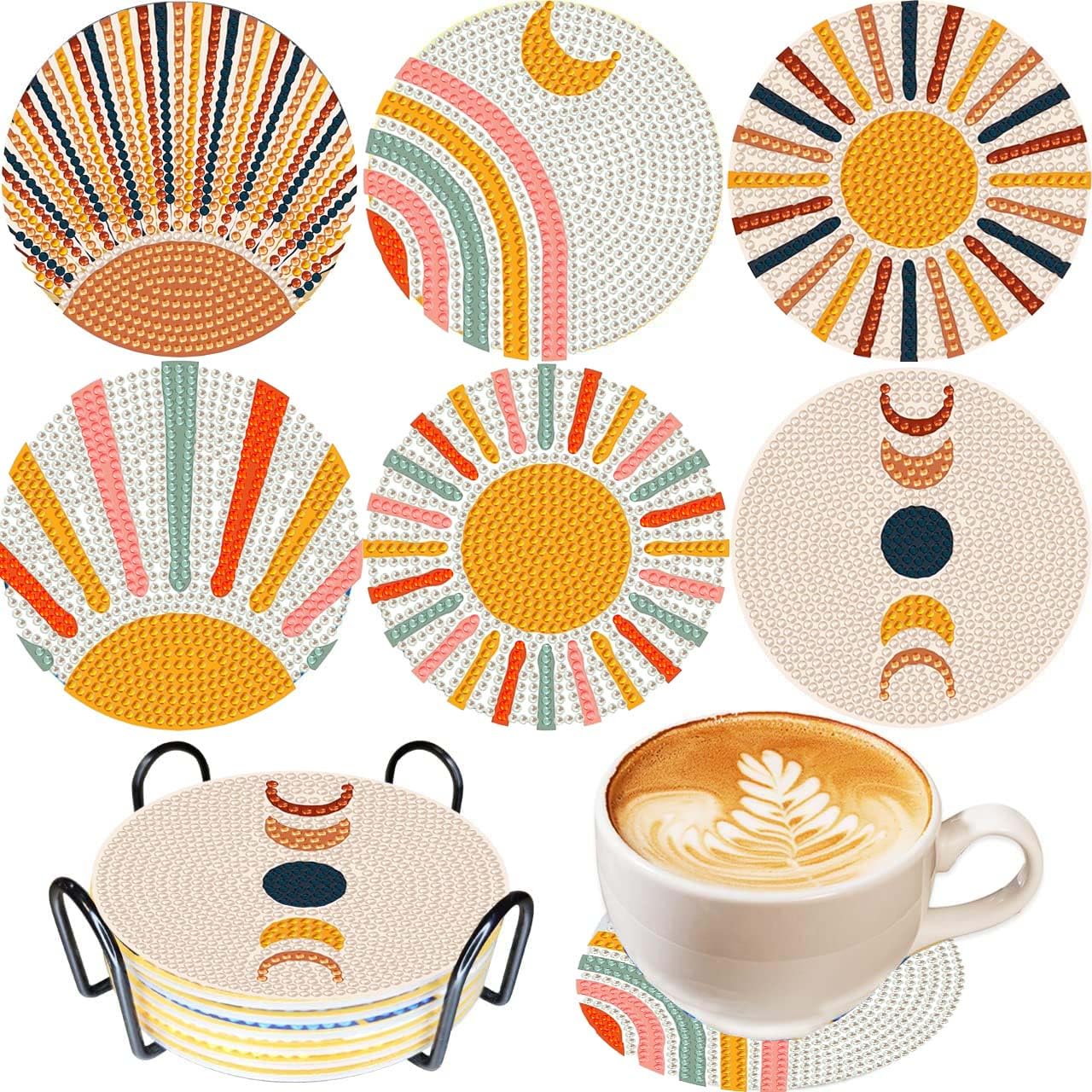 5D DIY Boho Minimalist Sun Moon Diamond Paintings Coasters with Holder for Adults Beginners, 6 pcs Round Full Drill Diamond Art Craft Supplies (Sun Moon QLBD-16)