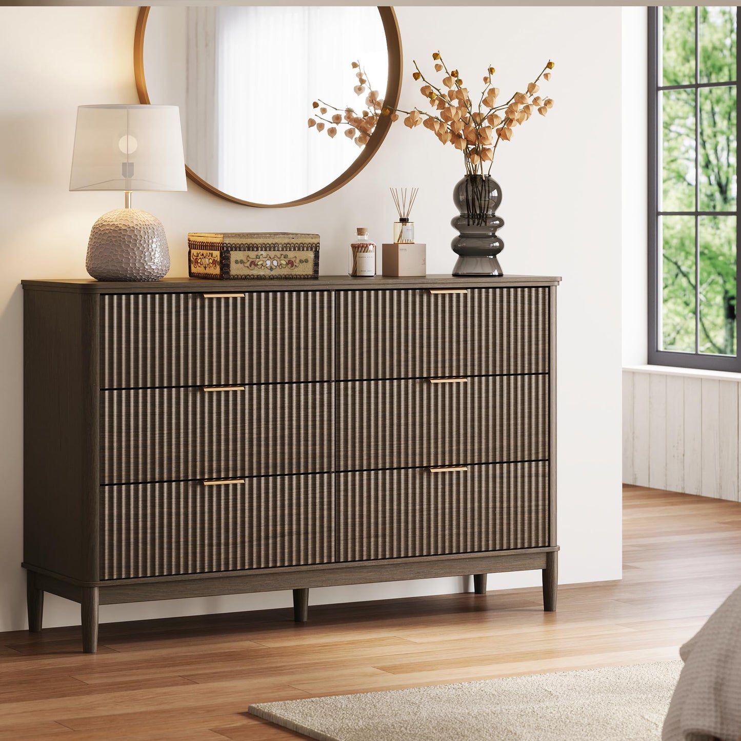 LINSY Fluted Dresser for Bedroom with 6 Drawers, Mid Century Modern Chest of Drawers with Gold Metal Handles, Wide Boho Wood Dressers, Large Farmhouse Storage Cabinet for Bedroom, Living Room, Walnut
