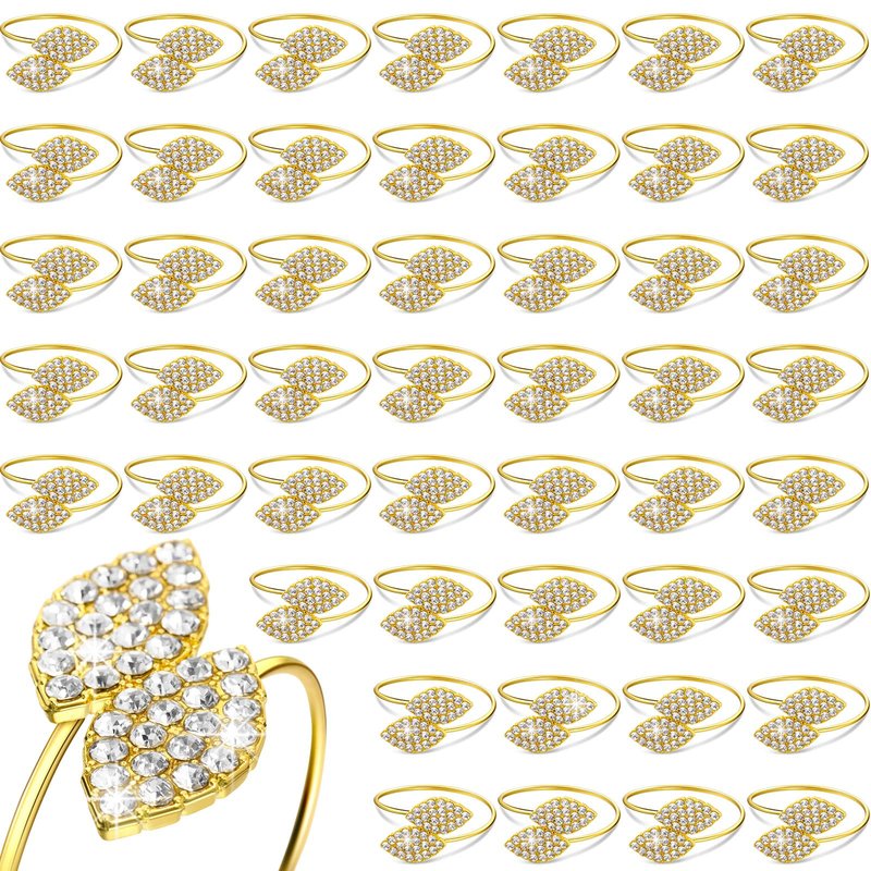 Hotop 150 Pcs Gold Napkin Rings Gold Table Decorations, Elegant Bling Leaves Napkin Rings, Rhinestone Guest Towels Buckle for Holiday Gather Party, Wedding Dinner Banquet Table Decoration