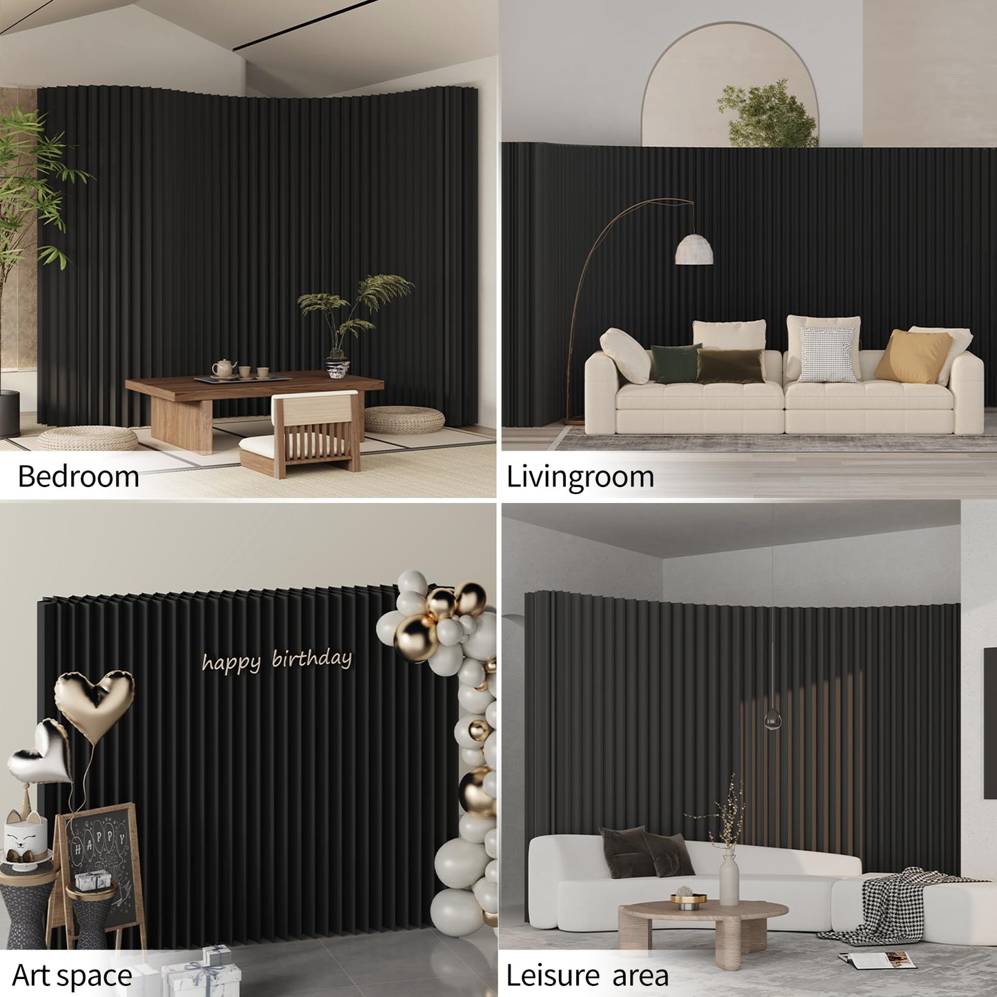 Paper Room Divider – Folding Privacy Screen & Portable Partition, Indoor Freestanding Wall for Home, Office, Clothing Store & Business Use(Black)