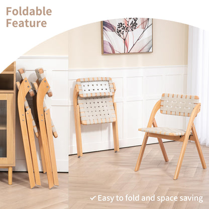HOMEFUN Folding Dining Chairs Set of 2, Wooden Foldable Chair with Leather-Woven Backrest and Widened Seat Extra for Guests Kitchen Office Wedding Picnic Ivory-White