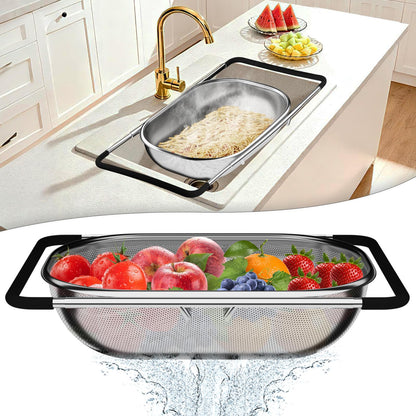 Over the Sink Colander, Expandable Strainers and Colanders with Fine Mesh, Colander for Kitchen with Rubber Grip for Draining Pasta, Vegetables and Fruits - Essential Kitchen Sink Strainer