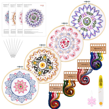 Whaline 4 Mandala Embroidery Starter Kit with Instruction Plum Blossom Chrysanthemum Orchid Lotus Needlepoint Cross Stitch Kit with Embroidery Hoop Threads Needle Scissors for Beginners DIY Craft