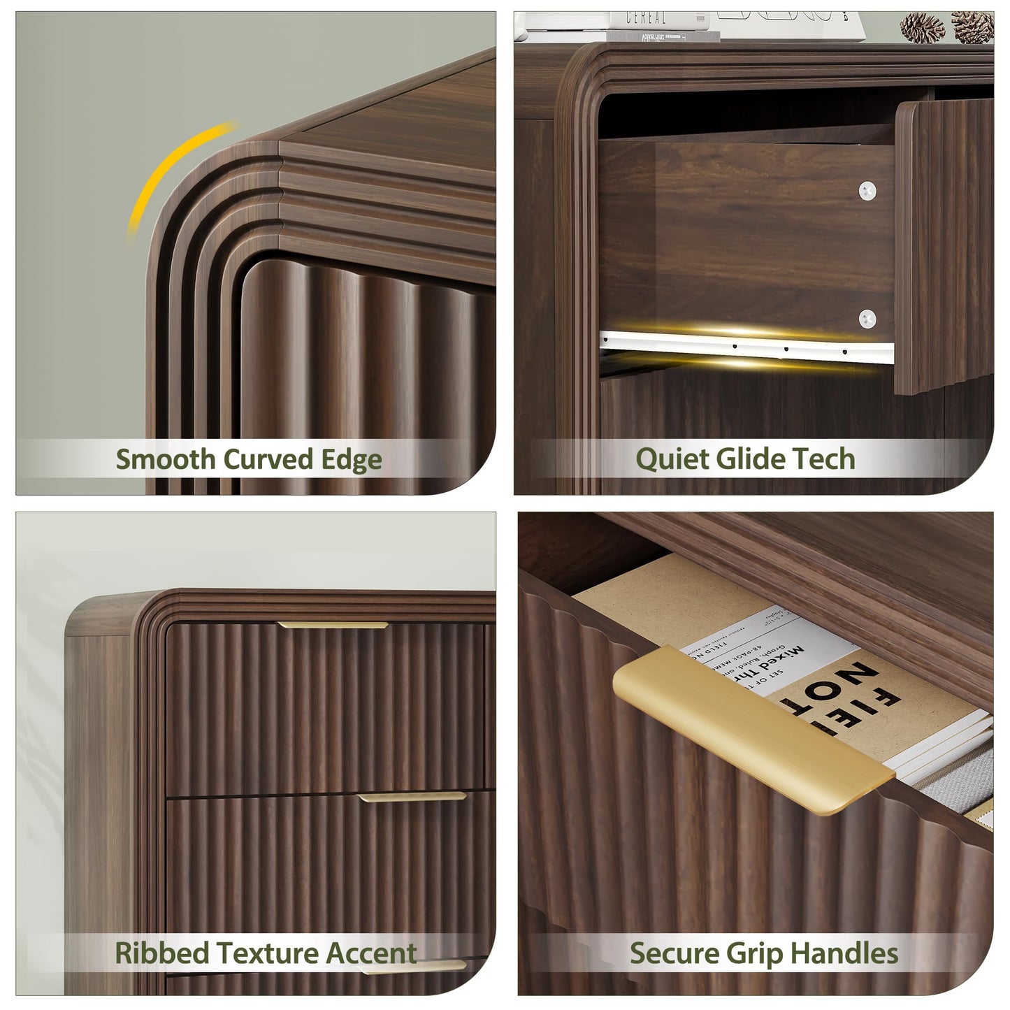 Decofy Fluted Drawers Dresser for Bedroom, Wood Dressers with Gold Handles, Modern Dressers with Wave Texture, Large Storage Chest of Drawers, Bedroom Dresser Organizer 55'' & 7 Drawers (Walnut)