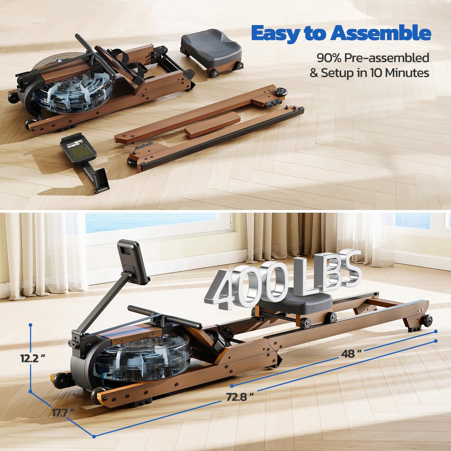 Dripex Water Rowing Machines for Home, Foldable Row Machine with 400LBS Weight Capacity, Rower Machine with Dedicated LCD Monitor, Comfortable Seat, Bluetooth App Compatible for Home Gym Exercise