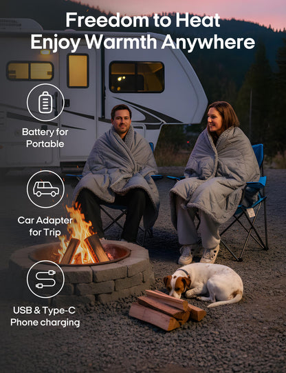 Ourea 12V Battery Operated Heated Blanket Cordless Electric Blanket with 20000mAh Power Bank Portable Heated Throw for Outdoor Camping Car Stadium Travel Home Sherpa Fleece Grey