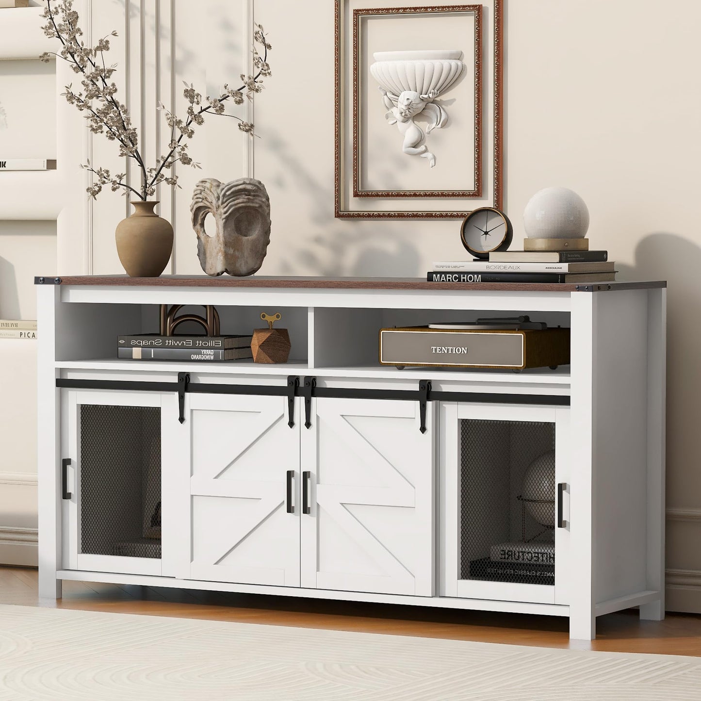 Ball & Cast Farmhouse Sideboard Buffet Cabinet with Storage, 59.3" TV Stand with Sliding Barn Door &Mesh Panel Door, Hallway Console-Tables Rustic Wood Coffee Bar Table for Dining Kitchen, White