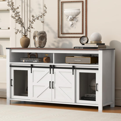 Ball & Cast Farmhouse Sideboard Buffet Cabinet with Storage, 59.3" TV Stand with Sliding Barn Door &Mesh Panel Door, Hallway Console-Tables Rustic Wood Coffee Bar Table for Dining Kitchen, White