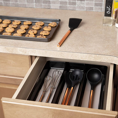 Kitchen Utensils Organizer, Large Non-Slip Cutlery Drawer Holder, 3 Compartment Multi-Purpose Home Organization, Black