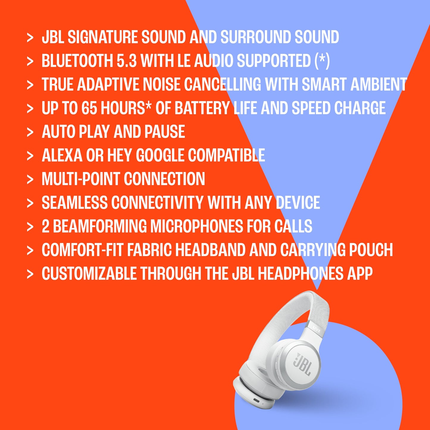 JBL Live 670NC - Wireless On-Ear Headphones with Adaptive Noise Cancelling with Smart Ambient, Up to 65H Battery Life with Speed Charge, Lightweight, Comfortable and Foldable Design (Black)