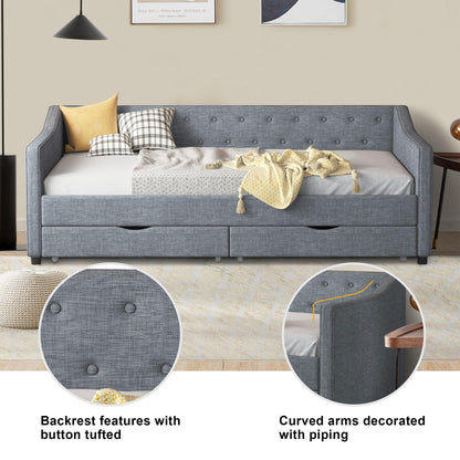 Ball & Cast Twin Size Daybed with Two Drawers and Linen Upholstered,Wood Bed Frame w/Button Tufted Back and Waved Shape Arms,Slats Support,for Apartment,Bedroom,Light Grey