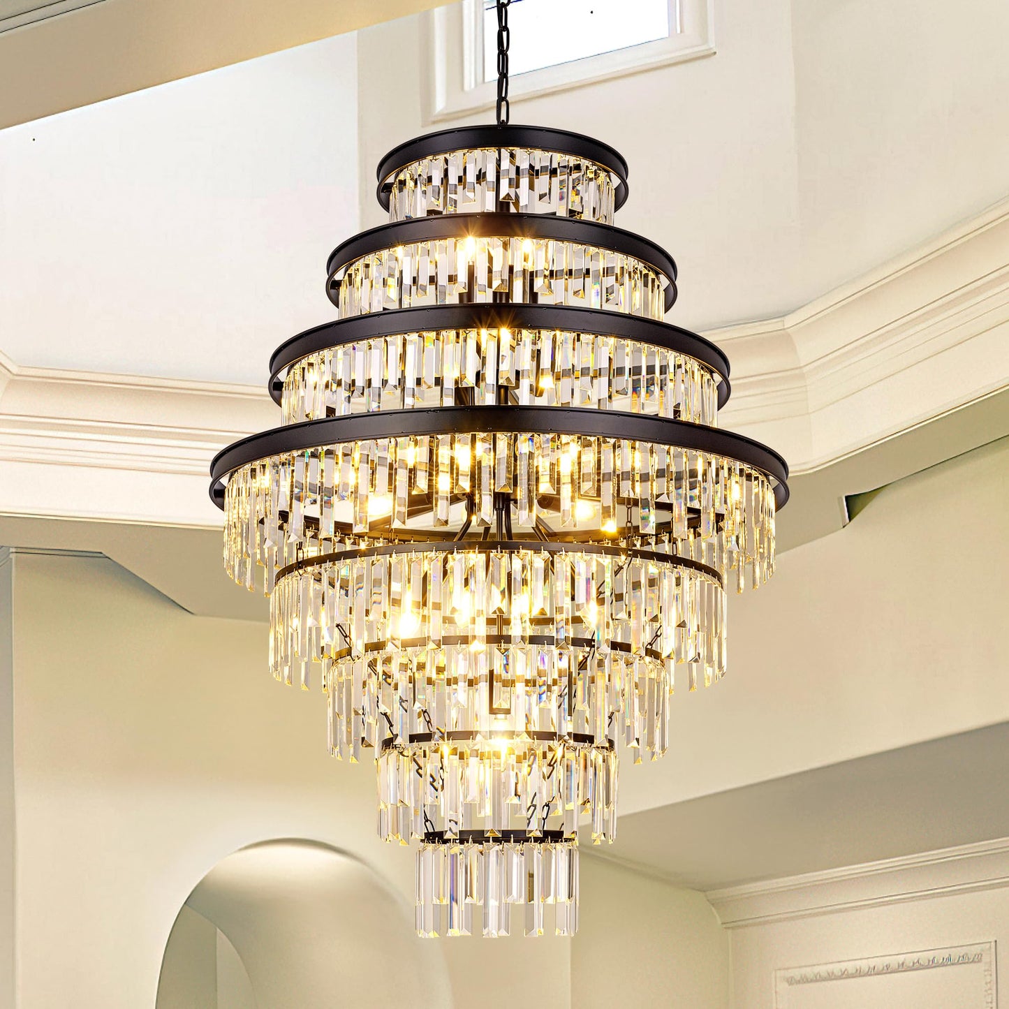 Wellmet Luxury 8-Tier Crystal Chandelier, Black Large Crystal Chandelier, for Living Room, Dining Room, Porch, Entryway, Hallway, Restaurant, 31''W