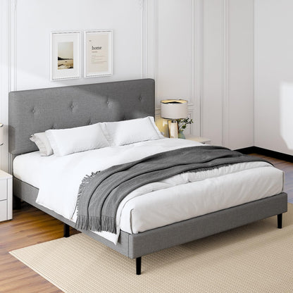 Mxhtcewz King Size Linen Bed Frame, Upholstered Platform Bed Frame with Adjustable Headboard, Wooden Slats Support, No Box Spring Needed, Easy Assembly, Grey