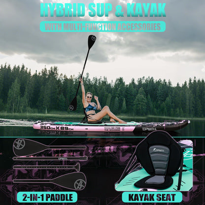 UPWELL 11'6"×35" Extra Wide Inflatable Paddle Board, Stand Up Paddle Board with Kayak Seat, Sup Paddle Boards for Adults, Mech Pink