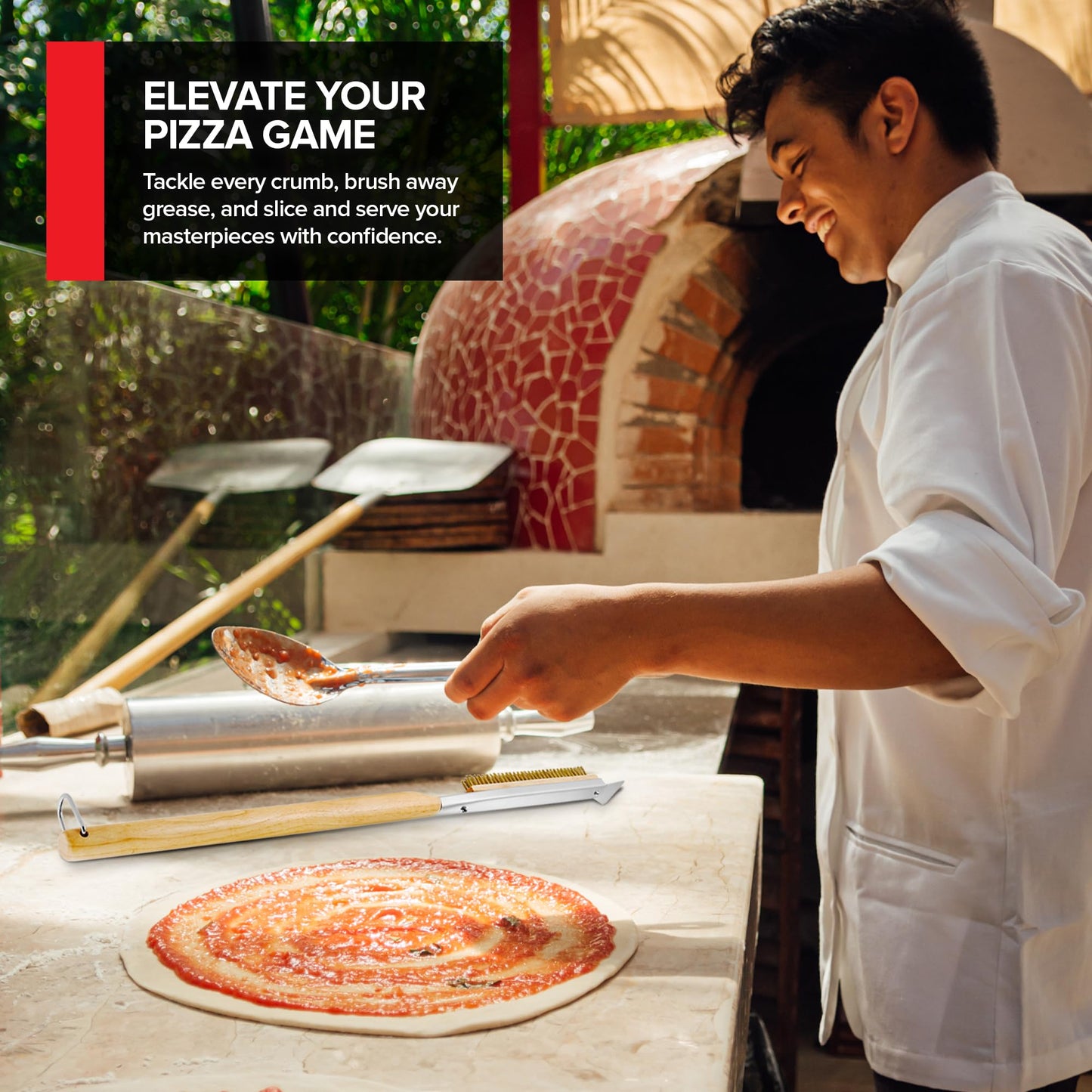 Essential Pizza Oven Accessories Kit- Includes Extra-Long Wooden Handle, 2 Brush Heads with Stainless Steel, Heat-Proof Bristles- + Slicer & Server |Works on Gozney, Blackstone & Pizza Ovens