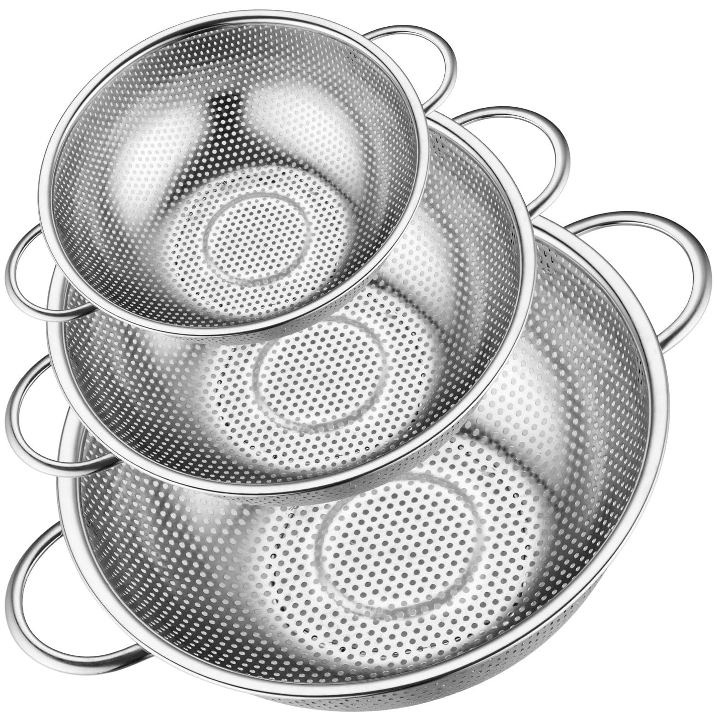 Leonyo Stainless Steel Colander for Kitchen, Micro-Perforated Metal Strainer with Handles for Draining Pasta, Strainers and Colanders Set of 3(1-3-5Quart) for Rinsing, Steaming, Dishwasher Safe