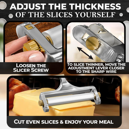Cheese Slicer Wire - Sharp & Strong Stainless Steel Cheese Cutter Handheld with 2 Extra Wires, Slice Tickness Adjuster, Comfortable Handle & Dishwasher Safe, for Mozzarella, Cheddar & Gruyere Slicing