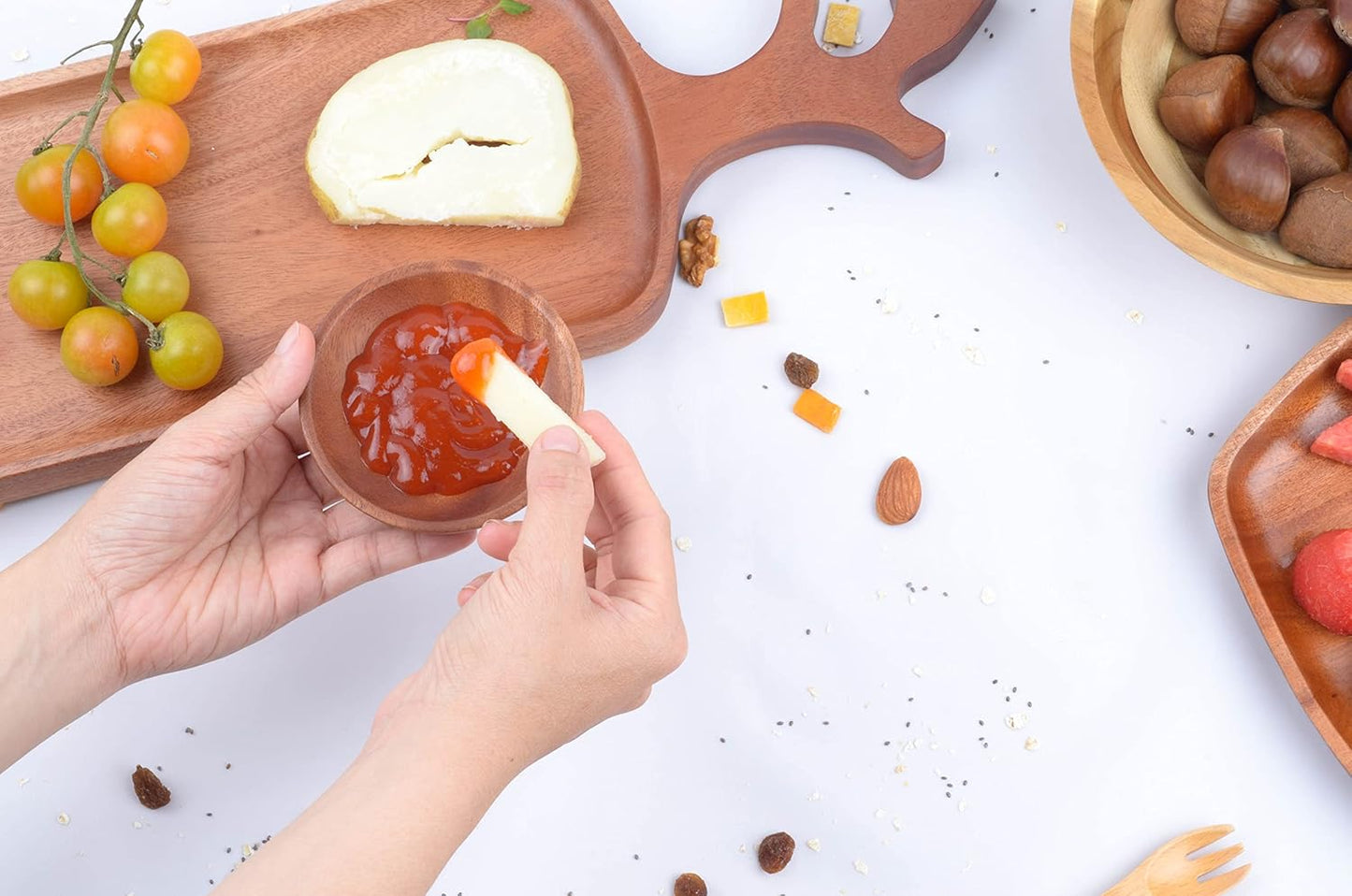 Mini Wooden Bowl Set of 4, 3.54" Diameter for Condiments, Dip Sauce, Small Wood Bowl for Jam, Olive