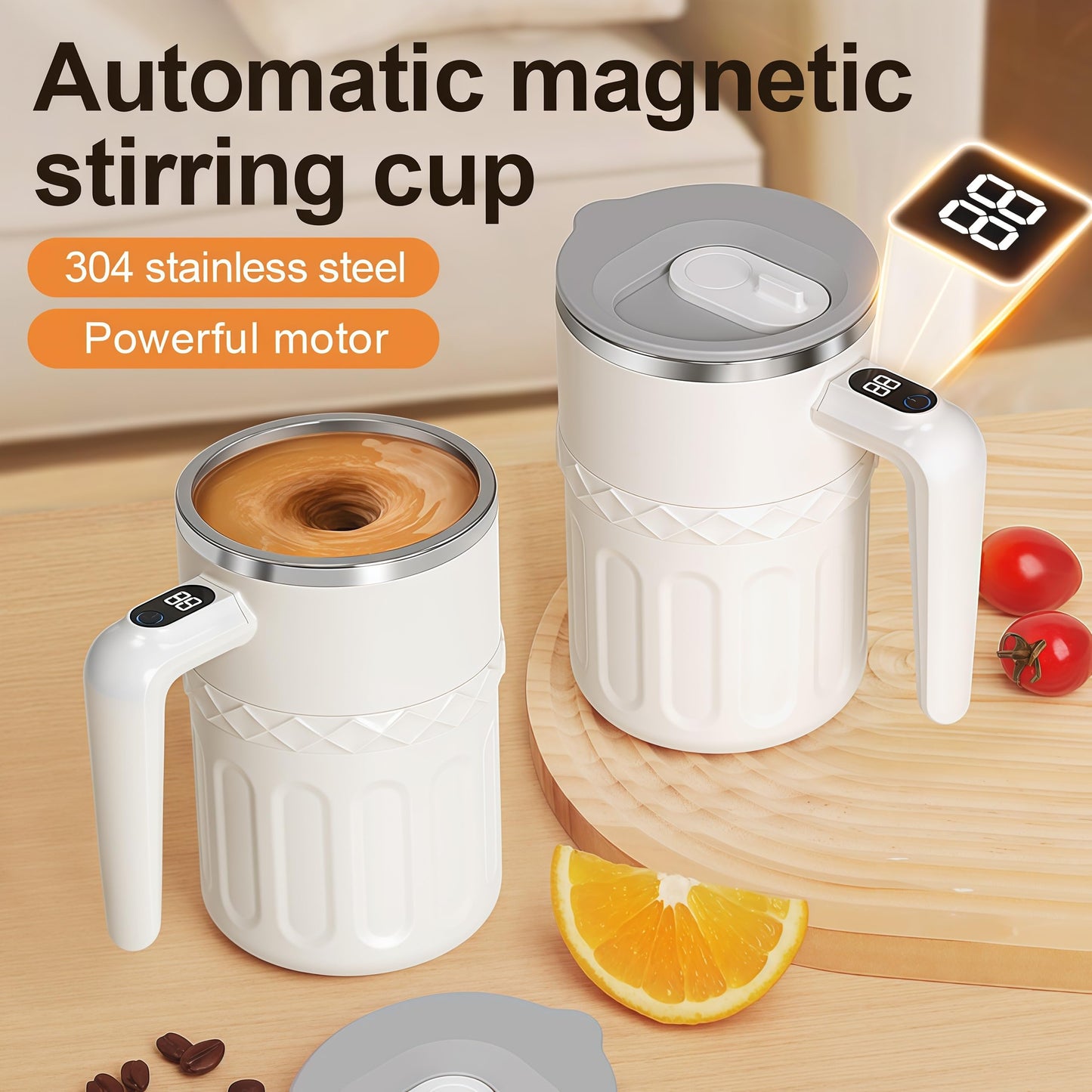 Qevcumuk Self stirring coffee mug 12.8oz - Digital Temp Display, Touch Switch, 20s Auto Shutoff, Type-C Fast Charging， Rechargeable self stirring mug