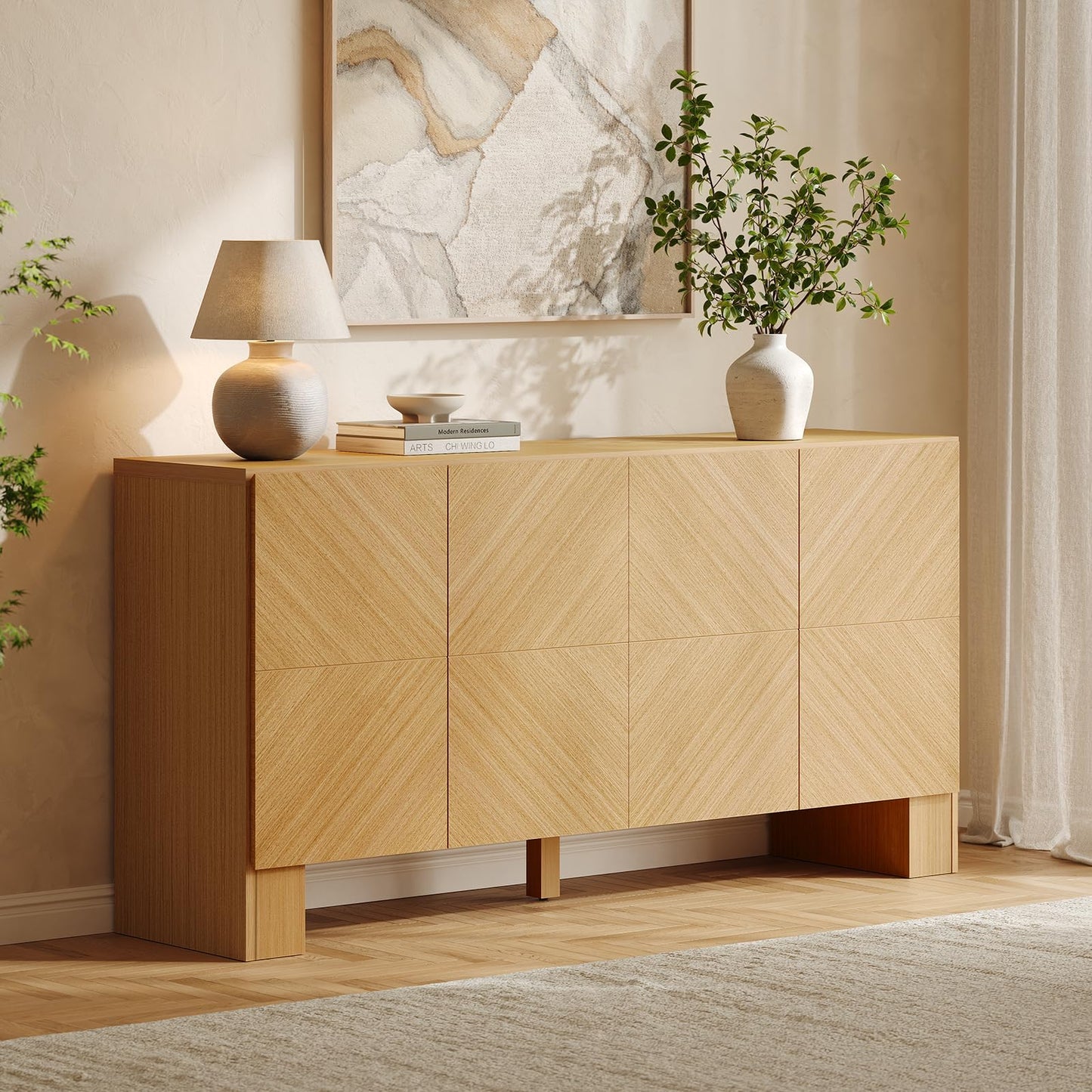 ModernMate 63" Sideboard Buffet Cabinet with Storage, Wood Storage Cabinet with 4 Doors, Large Credenza Sideboard with Adjustable Shelve, Buffet Table for Kitchen, Dining Room, Hallway, Natural Oak