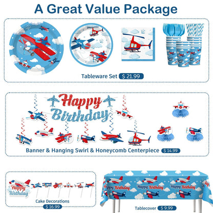 212 Pcs Airplane Birthday Party Decorations, Airplanes Party Banner Balloons Blue Sky and Red Paper Plates Napkins Set with 2 Pcs Airplane Table Cloth Airplane Flight Plane Themed Decorations