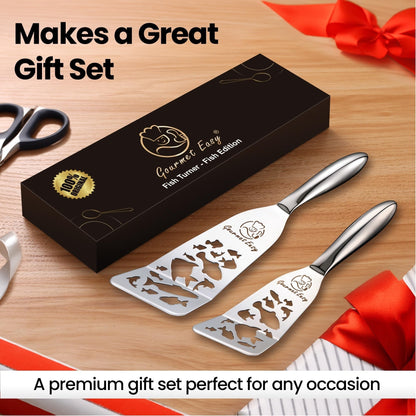 Stainless Steel Fish Spatula Set – Funky Fish Edition, 1 Large Fish Turner + 1 Small Metal Spatula, Ultra-Thin Edge for Easy Turning & Flipping, Ergonomic Non-Slip Handle, Dishwasher Safe