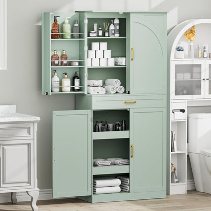 HQZX 71’’ Tall Kitchen Pantry Cabinet, Pantry Storage Cabinet with 6 Doors Shelves, Large Drawer & 2 Pull Out Shelves, Freestanding Cupboard for Kitchen, Dining Room, Green