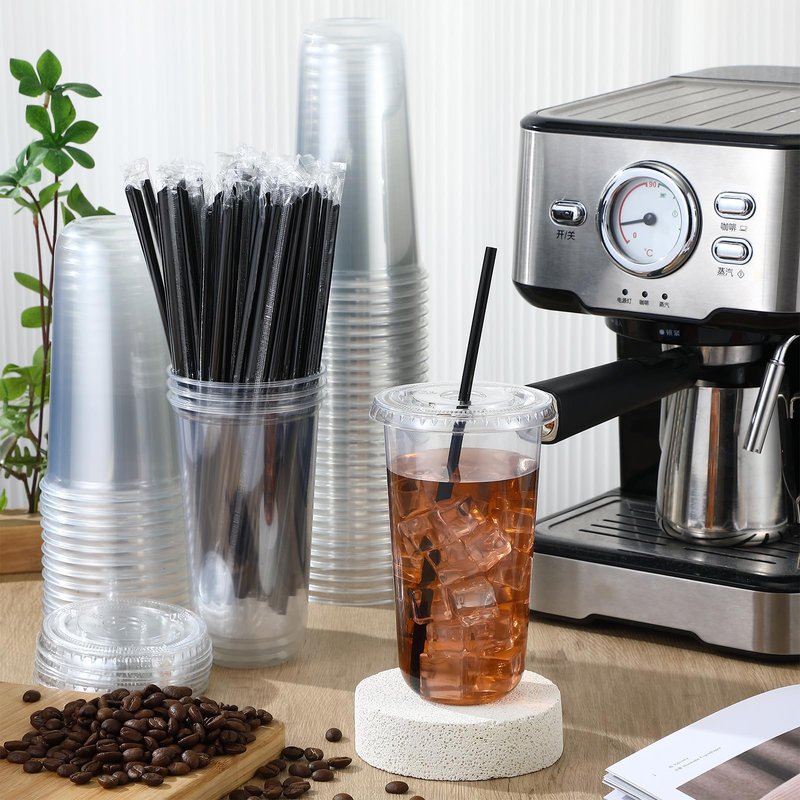 Ziliny 100 Set Clear Plastic Cups with Lids and Straws, Disposable Iced Coffee PET Cups for Drinking Cold Beverage Juice Parfait Smoothie Milkshake Coffee Shops Party Supplies (20 oz)