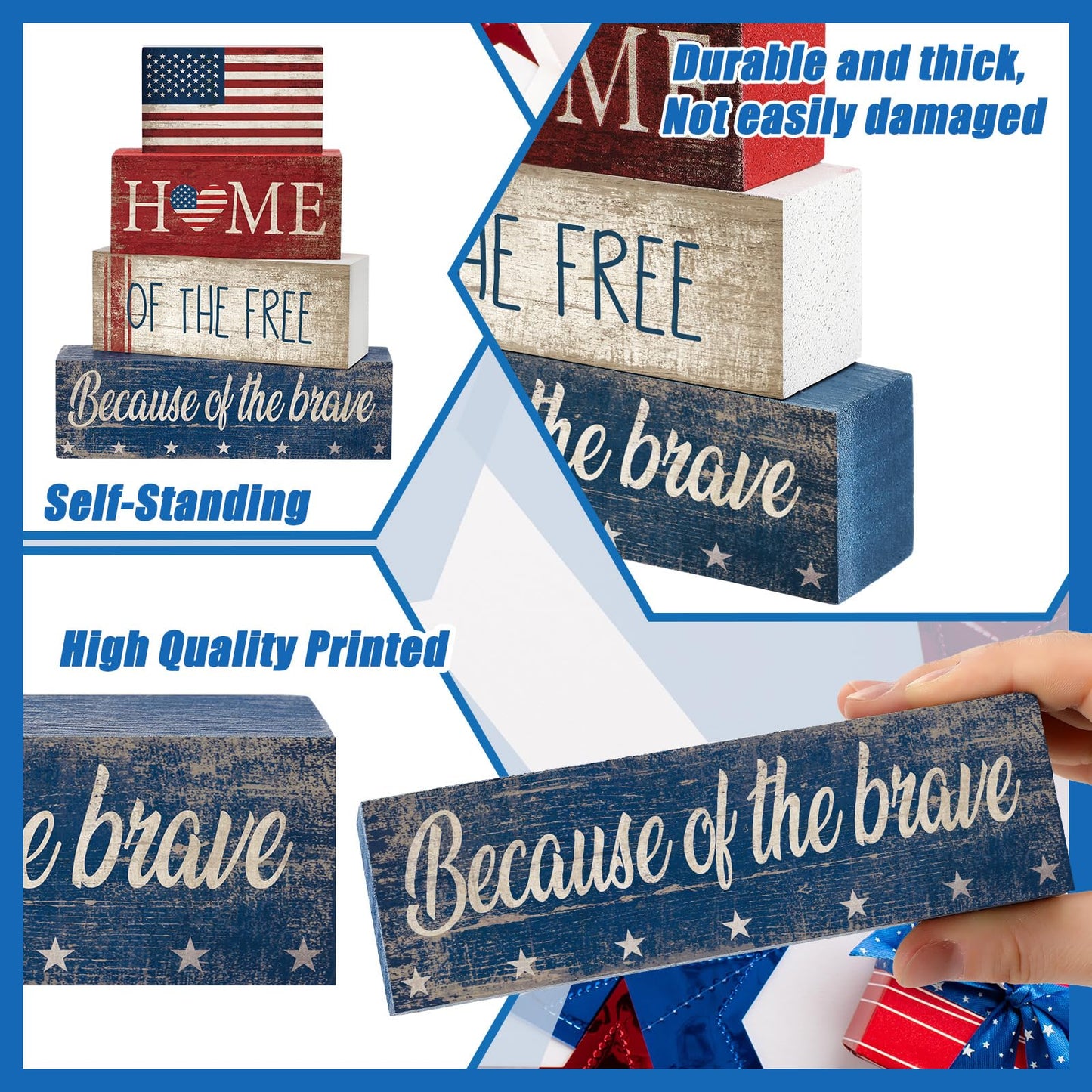 CroBlissful 4 Pcs 4th of July Decorations Patriotic Memorial Day Tabletop Decorations Red White Blue Table Centerpieces Sign for Office Tiered Tray Home Shelf 250th Anniversary(Flag)