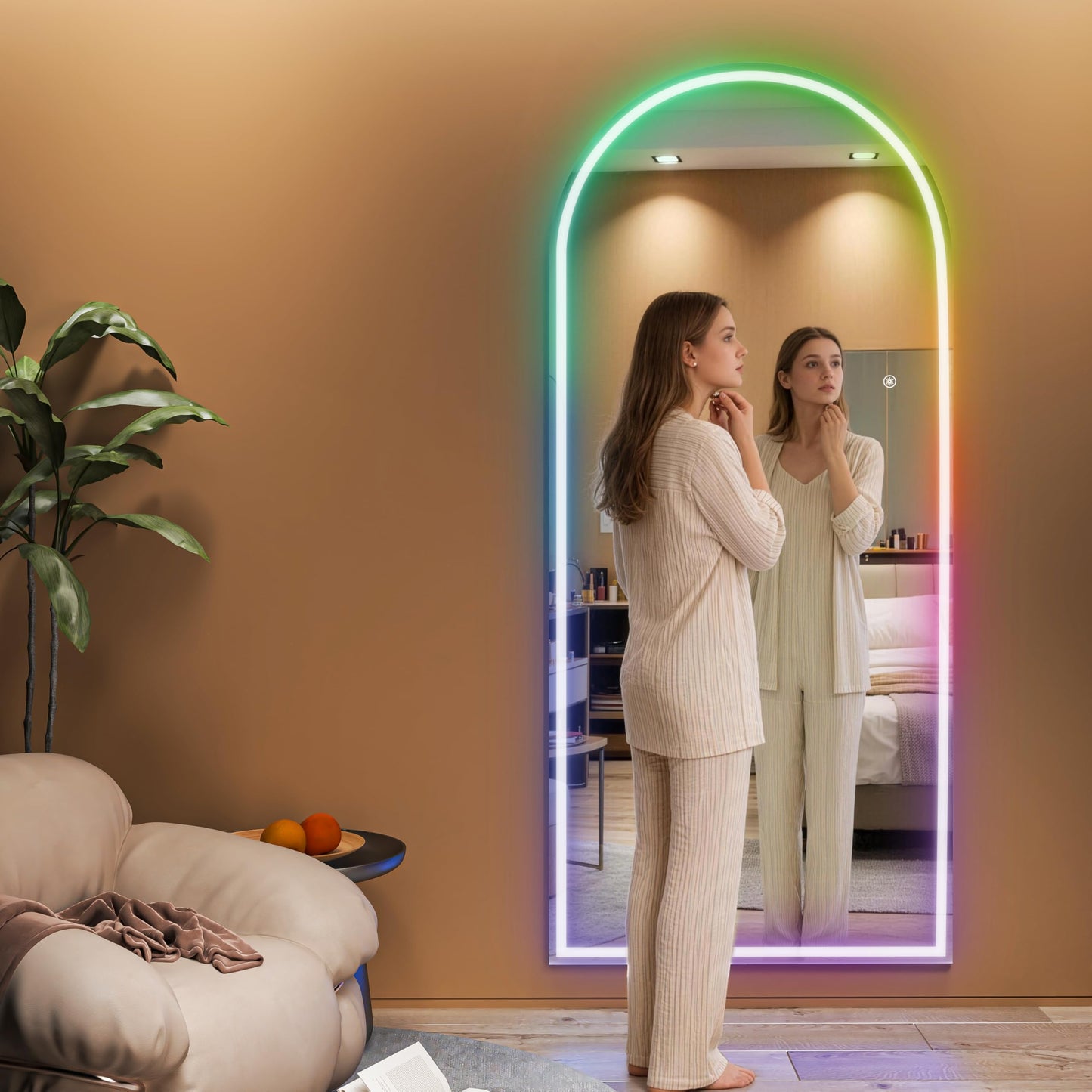 Hasipu Arch Full Length Mirror 81 x 34 in with Stand — Arch LED RGB Full Body Mirror, 7 Lighting Modes, Dimmable, Built‑in Bluetooth Speaker, White Frame for Bedroom Dressing Room