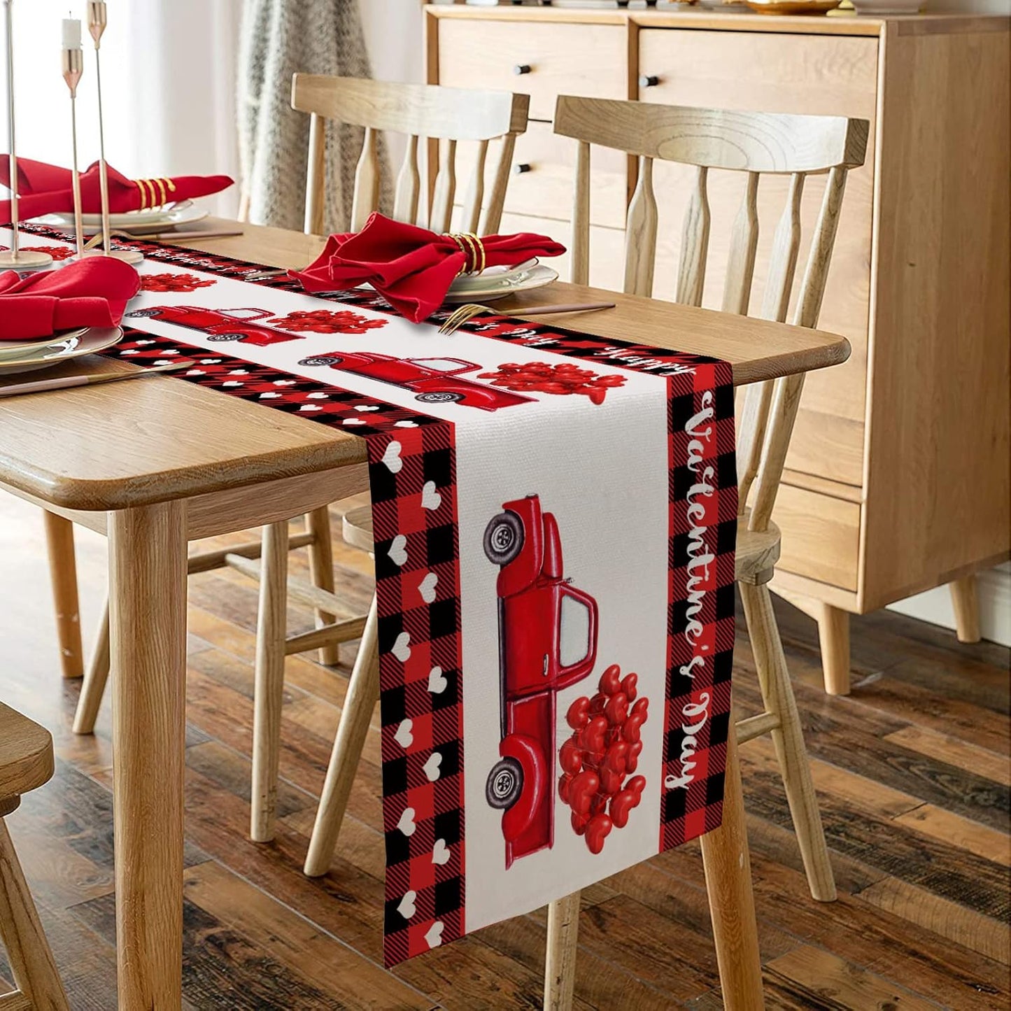 Valentine Table Runner, Red Black Buffalo Plaid Dresser Scarves with Heart Shape Balloon for Holiday Decor, 13x90inch
