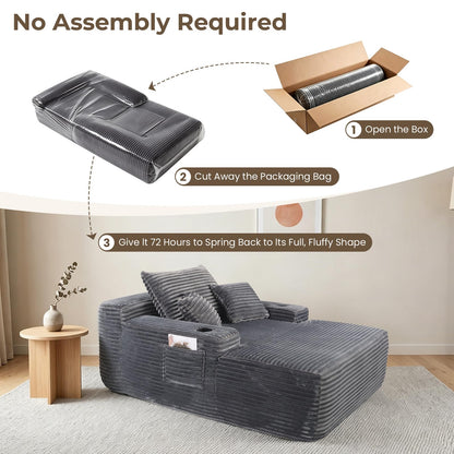 Yafylly 65" Boneless Chaise Lounge, Oversized Corduroy Sleeper Bed with Cup Holders & Side Pockets – No Assembly, for Living Room, Bedroom, Reading Nook, Lounge, Grey