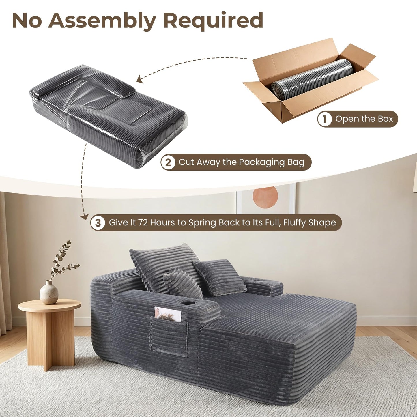 Yafylly 65" Oversized Boneless Chaise Lounge Chair Indoor, Corduroy Sleeper Bed with No Assembly for Living Room, Bedroom, Reading Nook, Lounge, Grey